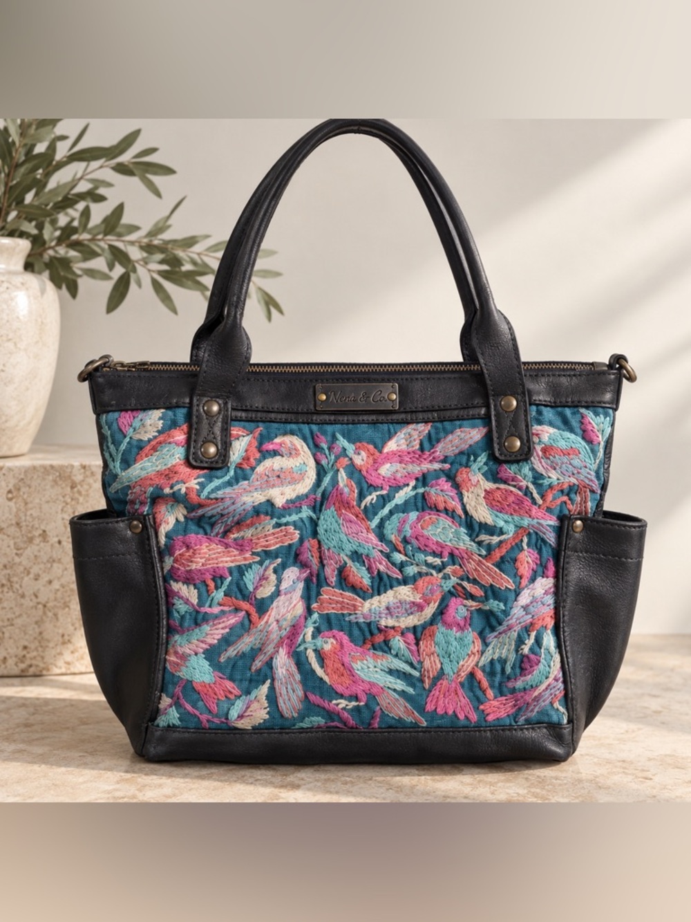 Nena & Co Medium The Perfect Bag Black Leather with birds